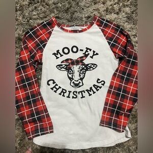 Plaid Red and White 'Moo-ey Christmas' Kids Shirt